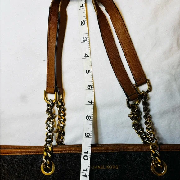 Michael Kors Jet Set Travel Brown Logo Coated Canvas Chain Tote Bag - Picture 13 of 16